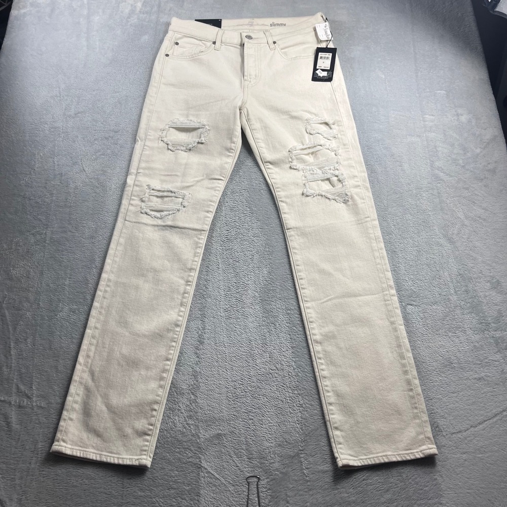 7 For All Mankind Slimmy Slim Straight Distressed Ecru Jeans‎ 31x34 AT511376AP